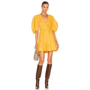 Rhode Claudine sorbet puff sleeve golden Yellow Wrap Mini Dress S